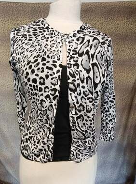 Cache Leopard Print 3/4 Sleeve Button-Up Cardigan Sweater